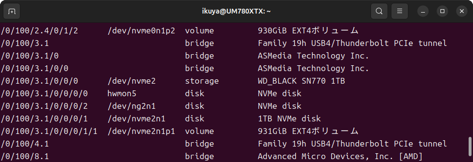 USB4/Thunderbolt PCIeトンネルとASMediaの変換チップ(ASM2464PD)をブリッジにしてWD Black SN770を認識していることが分かる
