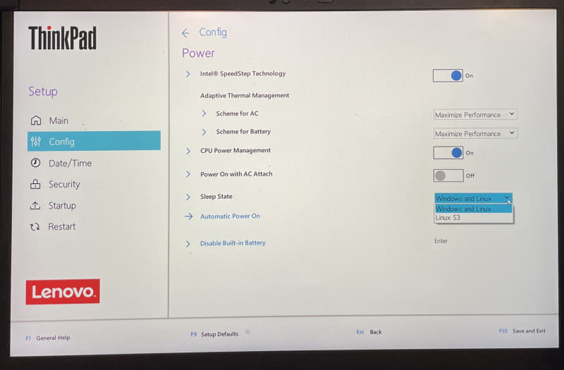ThinkPadのBIOSの「Sleep State」をチェックしたところ、デフォルトは「Windows and Linux」だったので、試しに「Linux S3」に変更してみた