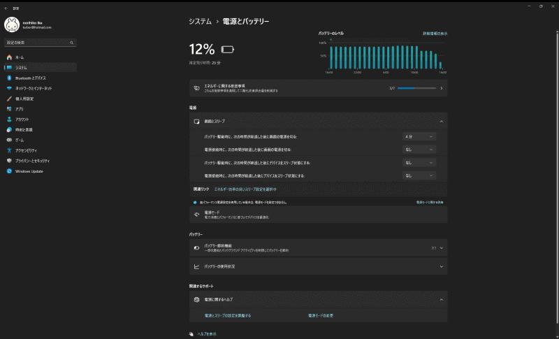 Windows11の電源とバッテリーの設定。スリープやディスプレイ電源を切る時間などの設定はここからでも行なえるが、電源オプションなどの細かい設定は行なえない。画面上のリンクはいずれもヘルプが開くため、ここから電源オプションを開く方法もないのだ