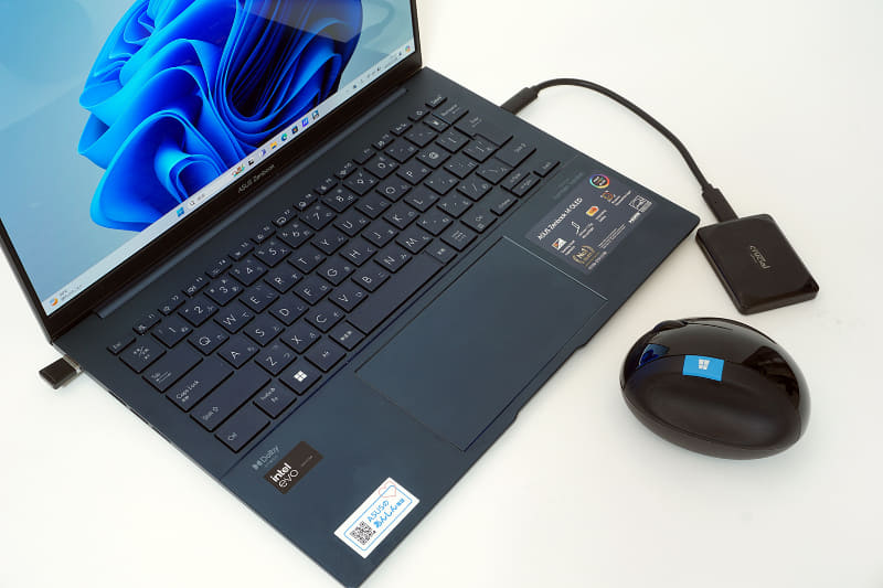 無線マウス(Microsoft Sculpt Ergonomic Mouse)のUSBレシーバと外付けSSD(Crucial X10 Pro)を接続した状態でテストを実行した