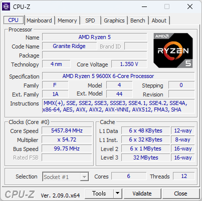 Ryzen 5 9600XのCPU-Z実行画面