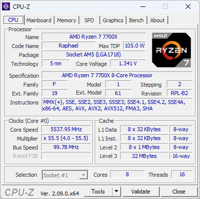 Ryzen 7 7700XのCPU-Z実行画面