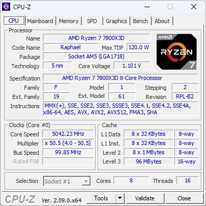 Ryzen 7 7800X3DのCPU-Z実行画面
