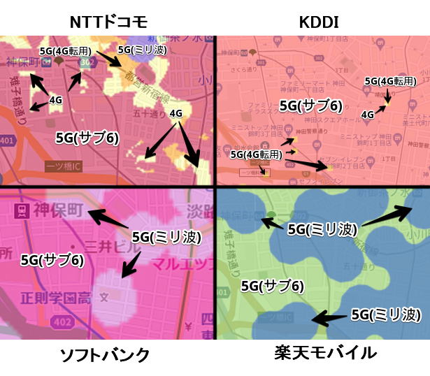 携帯4社のエリアマップからインプレス本社がある神保町駅周辺を切り取ったもの。NTTドコモは4Gのエリアが一部残るものお、ほかはおおむねSub-6で多くのエリアがカバーされており、ミリ波のエリアも散見されるなど充実度は高いように見える