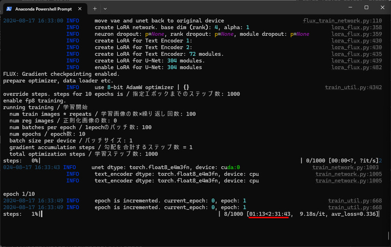 sd-scripts実行中。GeForce RTX 3090の場合、1,000 stepsで約2時間半と出ている