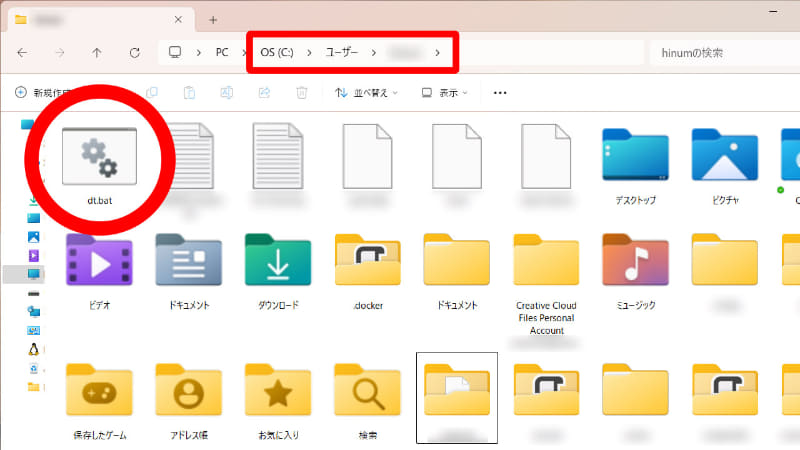 これを「dm.bat」などのファイル名でユーザーフォルダ直下に保存する