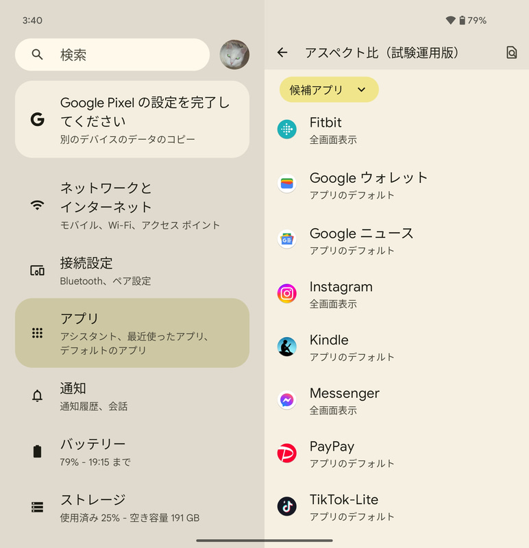 非最適化アプリは、インストール時に「アプリ」項目の「アスペクト比(試験運用版)」で「アプリのデフォルト」または「全画面表示」のいずれかを自動設定