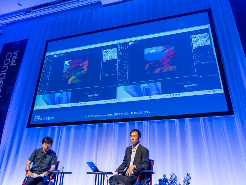 分科会で実際にLunar Lake搭載のAI PCで生成AIを試すデモ動画を公開した。写真ではGIMPでStable Diffusionによる画像生成を行なっている