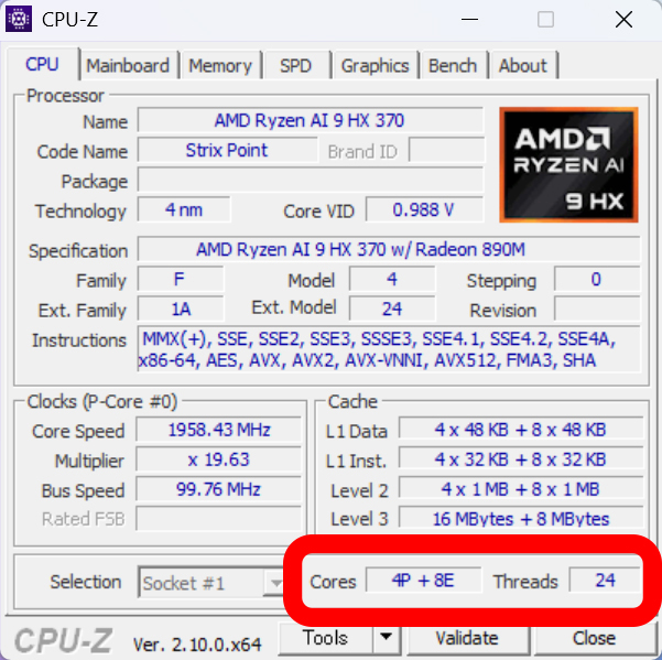 AMD Ryzen™ AI 9 HX 370 はZen 5が4コア、Zen 5cが8コアで合計12コア24スレッド構成になる