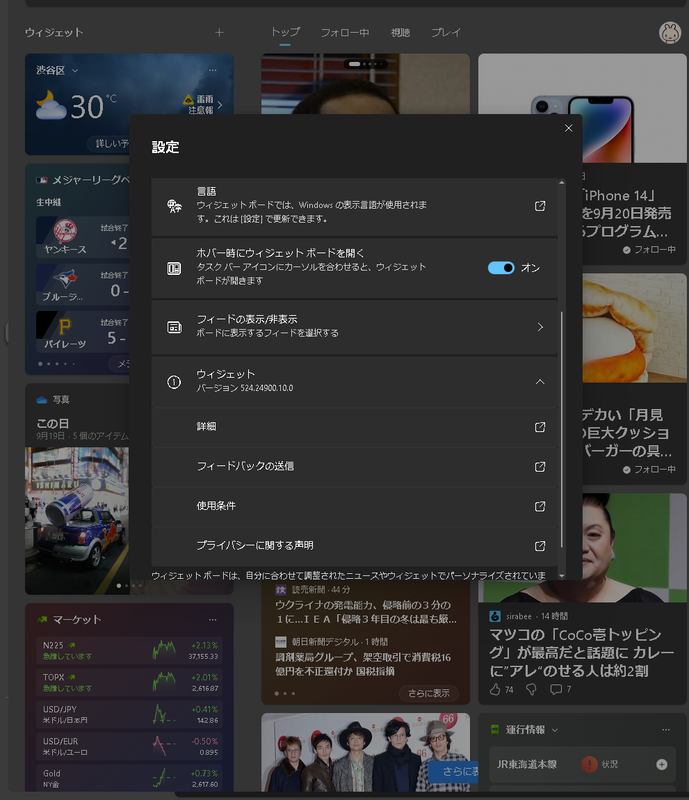 ウィジェットウィンドウの右端にある設定から「フィードの表示/非表示」を選択し、オフにすることで、ウィジェット以外の情報は全て表示されなくなる