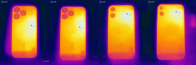 AnTuTu Benchmark V10実行中の前面、背面の表面温度(室温27.5℃で測定)