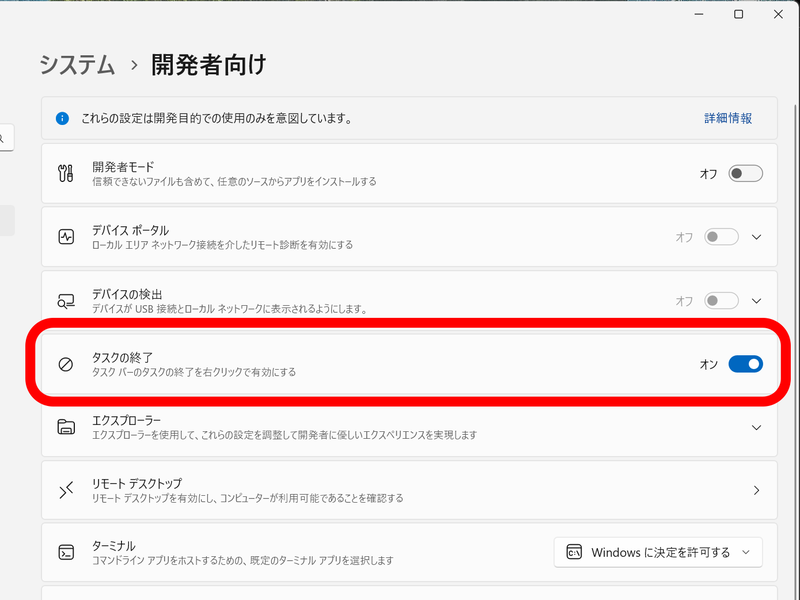 開発者向けの機能で設定をオン