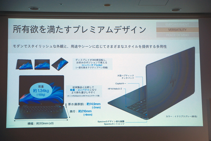 Spectre x360 14のデザインを踏襲しながら、軽量/コンパクトに
