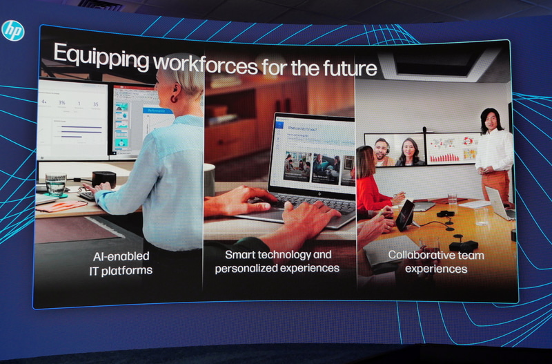 HPが進めているAIへの取り組みとしてLores氏は、AIを活用したプラットフォーム、パーソナライズされた体験を提供できるスマートテクノロジ、AIを活用した新しいコラボレーションやチーム体験の3つを紹介