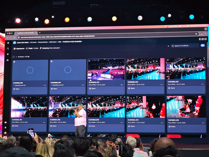 Frame.ioとCamera to Cloudのデモ、撮影した画像がそのままCamera to CloudでFrame.ioにアップロードされ、Lightroomにも同時にアップロードされる