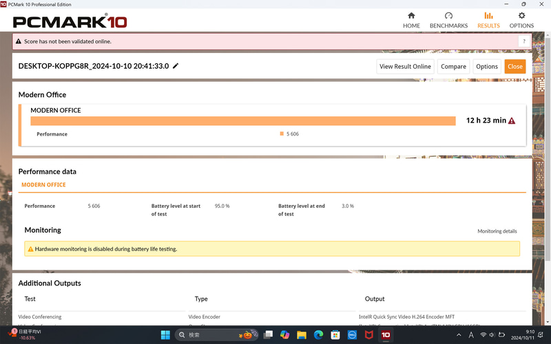 「PCMark 10」のバッテリテスト「Modern Office」の結果は12時間23分。専用ユーティリティの「MyDell」で電源設定に「最適化」を選び、ディスプレイ輝度は50%にして計測