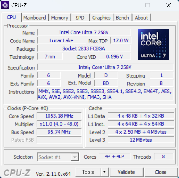 CPU-Zによる情報。Core Ultra 7 258VはPコア4基、Eコア4基で構成されている