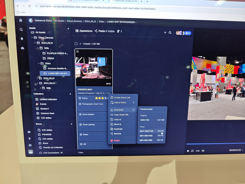 Frame.ioでアップロードされた動画を見ているところ、共有する動画を元の動画か、プロキシと呼ばれる低解像度や高圧縮などによりファイルサイズを小さくした動画にするかを選べる