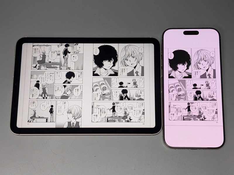 本製品(左)を見開き表示にした状態では、ページのサイズはiPhone 16 Pro Max(右)における単ページ表示よりもひとまわり大きく実用的だ