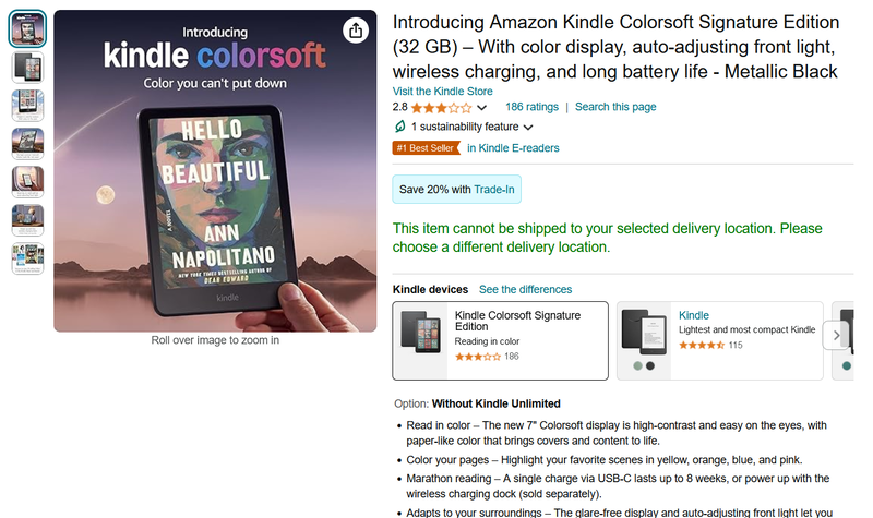 本製品と同時発表のカラーE Ink搭載モデル「Kindle Colorsoft」(Amazon.comのサイトより)。Koboのカラーモデルと同じKaleido 3を採用し、シグニチャーエディションのみの1モデル展開。日本での展開は現時点で公表されていない