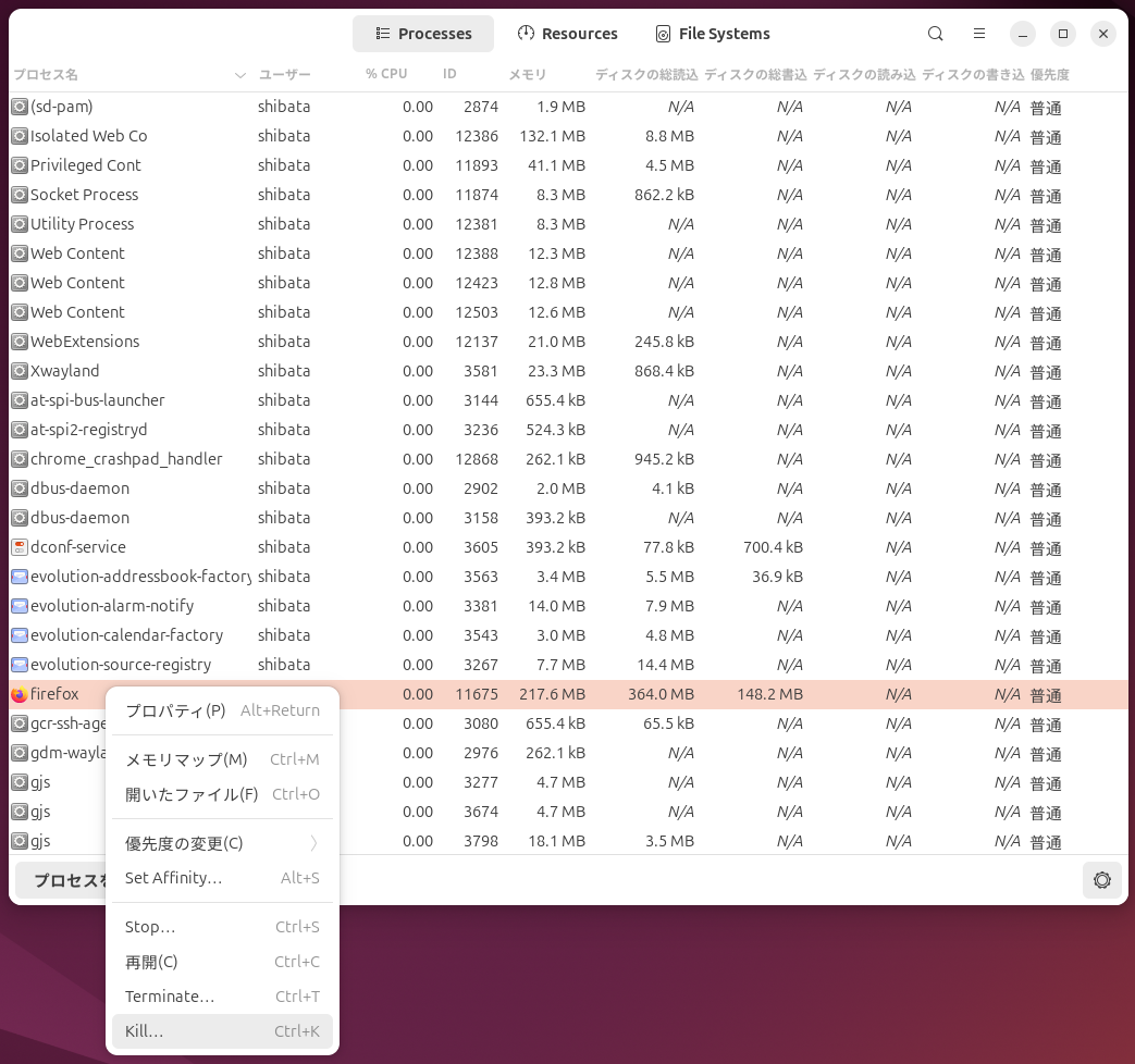 プロセス一覧にはそのユーザーが操作できるプロセスのみ表示される