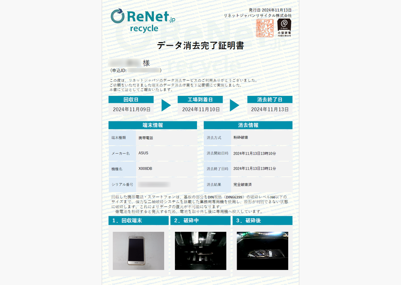 データ消去完了証明書に記載されている消去日時を見ると、作業が行なわれた当日中にこの証明書を発行、送付しているようだ