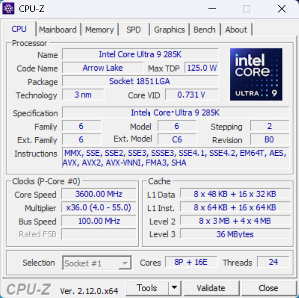 CPU-Zでの表示。CPUにはCore Ultra 9 285Kを搭載。24コア(Pコア8基、Eコア16基)24スレッドで最大5.7GHz動作だ