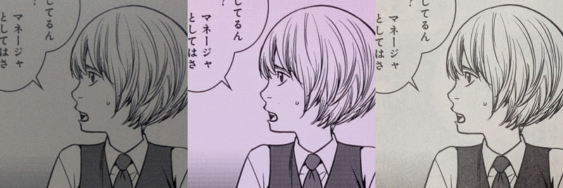 画質の比較。左から本製品(207ppi)、13インチiPad Pro(264ppi)、紙版。髪のナナメの線などに解像度の低さがあらわれている