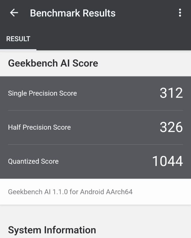 Geekbench AI 1.1.0のSingle Precision Scoreは312、Half Precision Scoreは326、Quantized Scoreは1044、AI Benchmarkのスコアは580