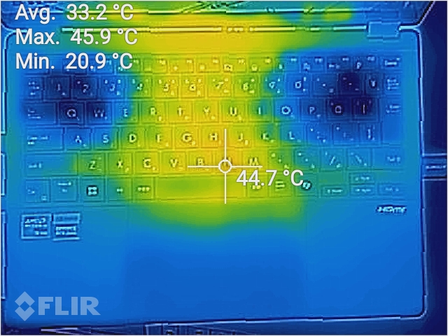 サーモグラフィーによる表示。表面は温度が高めの中央部でも44.7℃と触ってもほんのり温かい程度