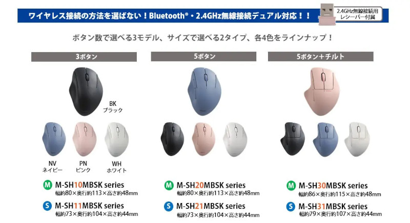 ボタン数別に3種類、サイズ別に2種類を展開