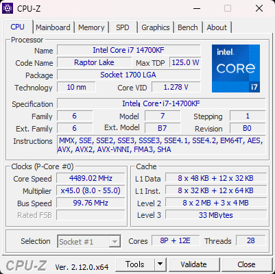 CPUには20コア(Pコア8基、Eコア12基)24スレッドのCore i7-14700KFを搭載