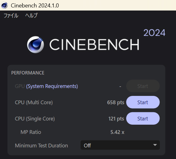 Cinebench 2024の結果。マルチコアは658、シングルコアは121