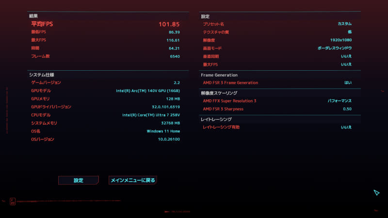 サイバーパンク2077の内蔵ベンチマーク機能の結果。フルHD、画質「低」、FSRをパフォーマンス設定+フレーム生成有効で平均101.85fps