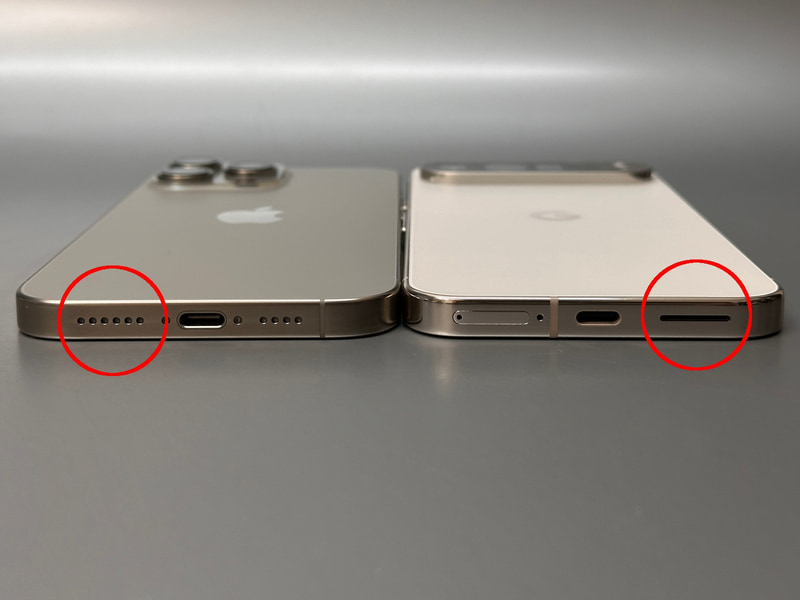 下部スピーカーは、iPhone(左)はUSB Type-Cポートの左側、Pixel(右)はUSB Type-Cポートの右側に配置されている