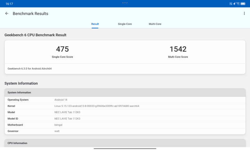 GeekBench 6(Single-core/Multi-core)。475/1,542 (719/1,944)