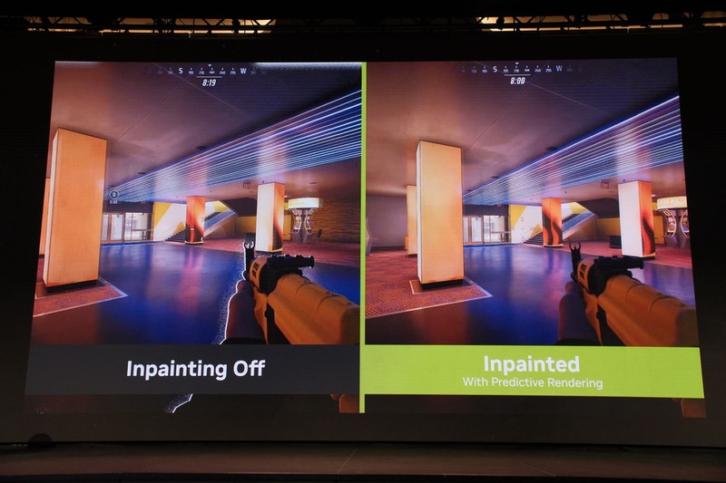 画像左は、武器を持つ手の左側などに白い部分がある。ここがフレームを歪めたことでできた空白部分で、Reflex 2では画像右のように空白をインペインティングして補完している