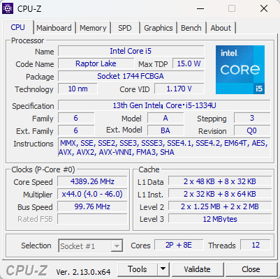 CPUはPコア2基、Eコア8基で10コア12スレッドの「Core i5-1334U」を搭載。4.6GHzと最大クロックも高い