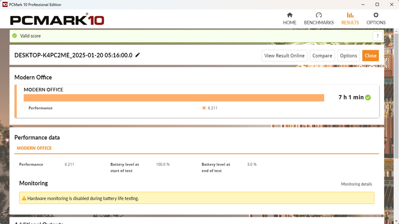 PCMark 10 Battery ProfileのModern Office実行結果