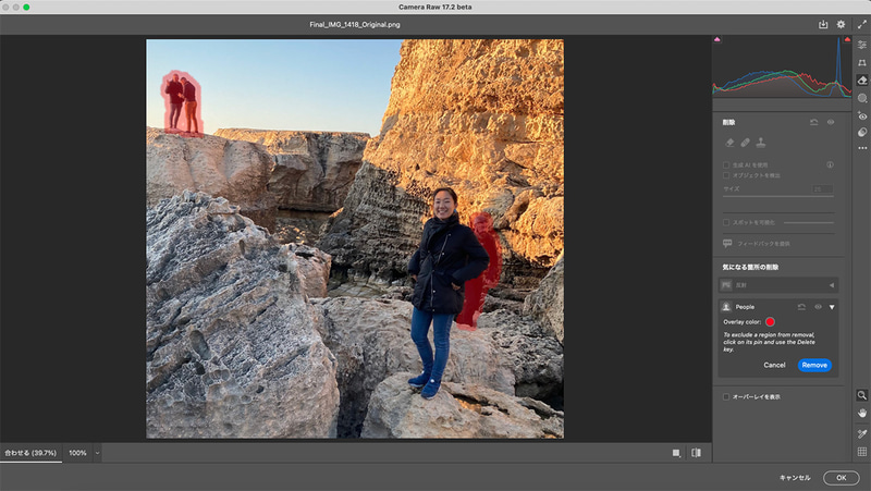 写り込んでしまった人物の除去機能。上が除去前、下が除去後