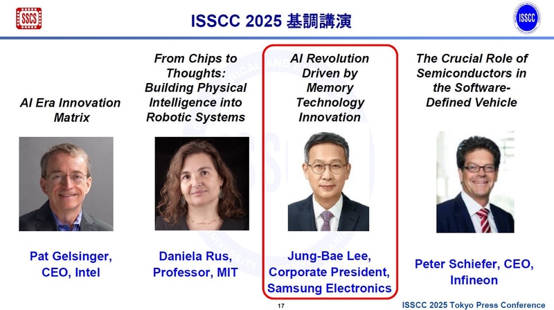 ISSCC 2025のプレナリーセッションにおける当初の講演者一覧(2024年11月27日時点、後に変更あり)。同日に東京で開催されたISSCC 2025開催概要の記者説明会で、実行委員会が示したスライドから