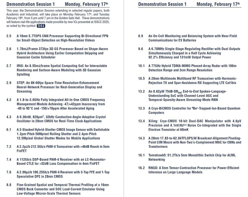 2月17日夕方のデモセッションに出展を予定している講演のタイトル。ISSCC 2025のアドバンスプログラムから抜粋した