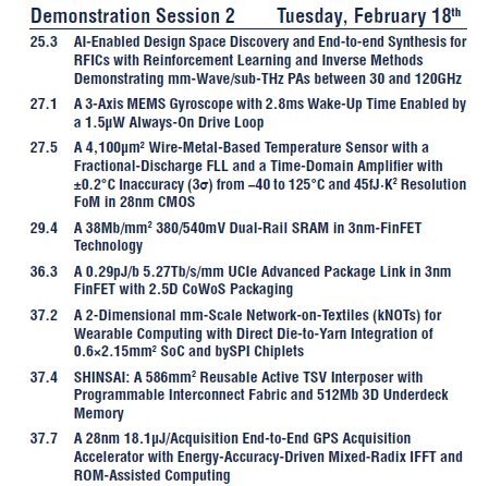 2月18日夕方のデモセッションに出展を予定している講演のタイトル(続き)。ISSCC 2025のアドバンスプログラムから抜粋した