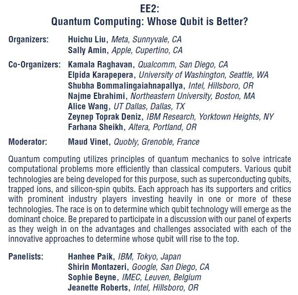 「量子コンピューティング」をテーマとするパネル討論会の概要。パネリストの所属はIBM、Google、imec、Intelとなっている。ISSCC 2025のアドバンスプログラムから抜粋した