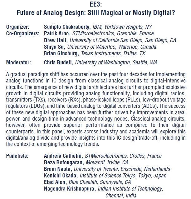 「アナログ設計の未来」をテーマとするパネル討論会の概要。パネリストの所属はSTMicroelectronics、Movandi、University of Twente、Institute of Science Tokyo、Blue Cheetah、Indian Institute of Technologyとなっている。ISSCC 2025のアドバンスプログラムから抜粋した