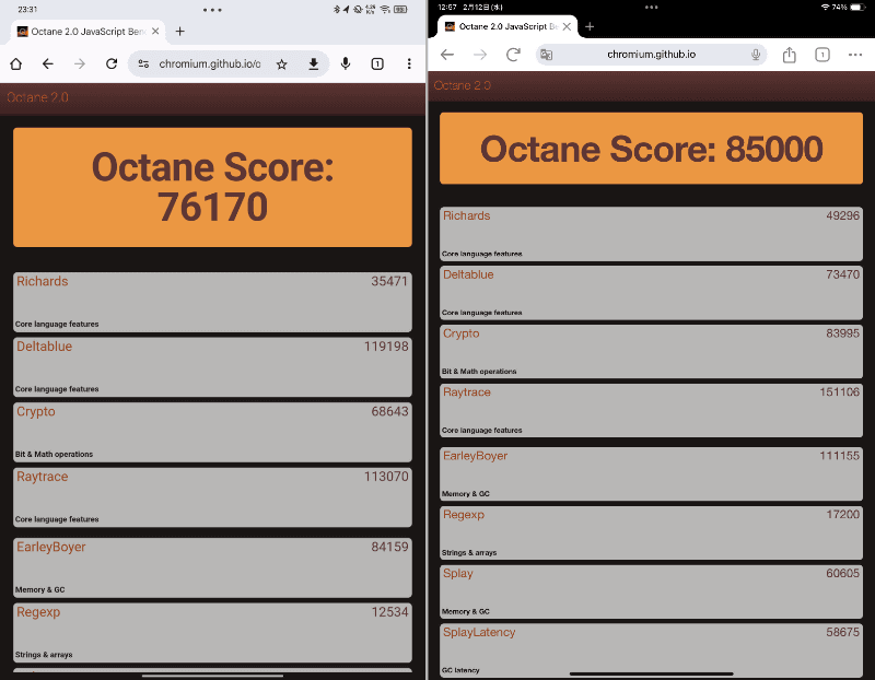 「Octane 2.0」でのベンチマーク結果。左が本製品で「76170」、右がiPad miniで「85000」
