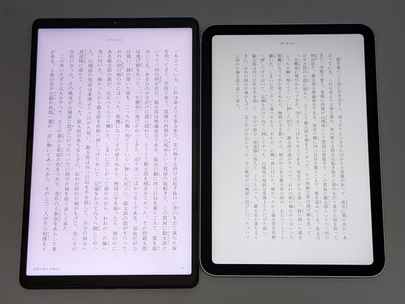 iPad mini(右)との比較。余白が少なめなのはデバイスの違いではなく、KindleアプリのAndroid版とiPadOS版の違いによるところが大きい