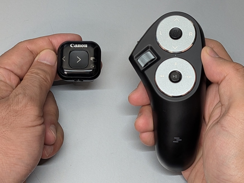 以前紹介したキヤノンのコントローラ(左)。ボタンはわずか3つと、汎用性重視の本製品とは対照的だ