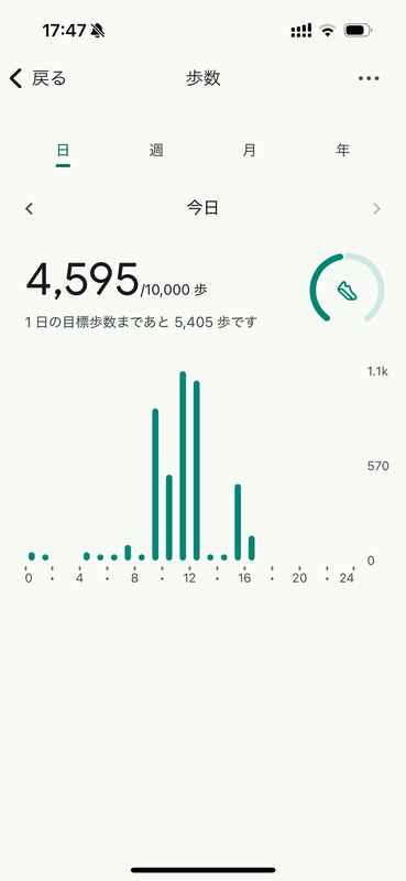 同じ日の歩行状況を、やはり同じ腕に装着したFitbit Charge 6で取得したデータ。カウント数に大きな開きがあることが分かる