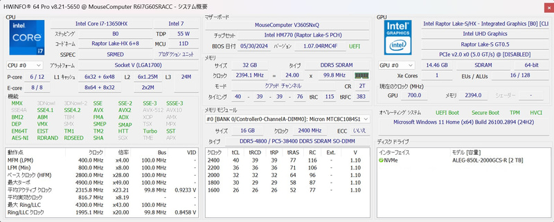 「HWiNFO 64 Pro」で取得したシステムの概要